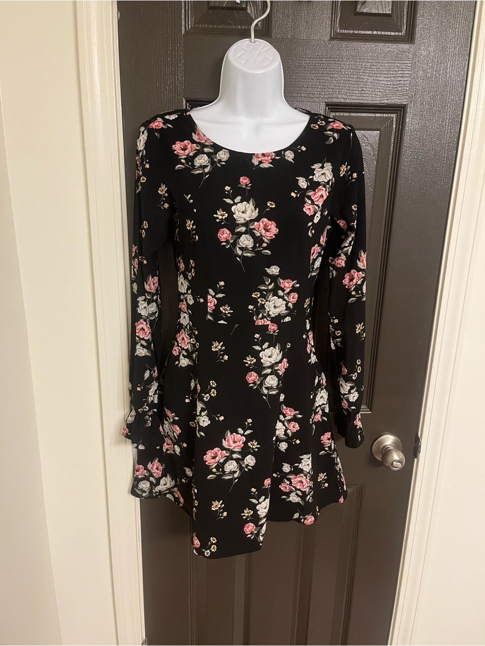 Divided Floral Long-Sleeve A-Line Dress - Black with Pink & Cream Roses
